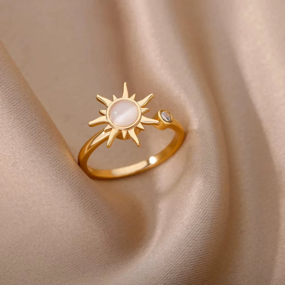 Personality Design Rotatable Sunflower Opal Decompression Rings for Women Luxury Gold Color Stainless Steel Finger Jewelry Gift