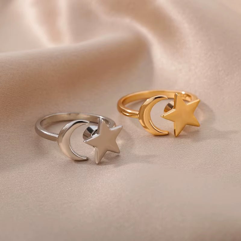 Fashion Moon Star Rings for Women Stainless Steel Gold Color Moon Star Openning Ring Wedding Party Jewelry Gift Bijoux Femme